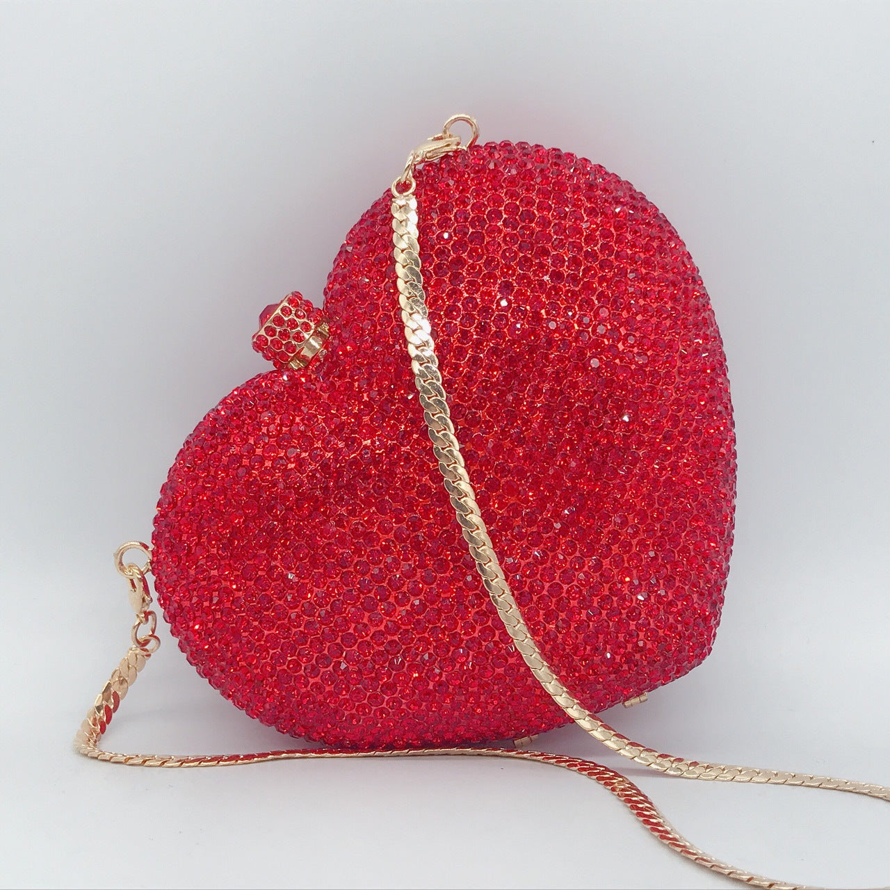 Diamond-encrusted Evening Bag European And American Solid Color Full-diamond Clutch Bag Red Dress Heart-shaped Crystal Diamond Women's Bag Chain