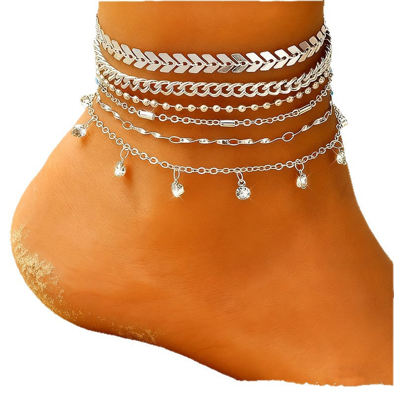 Alloy Multi-Layer Stacked Anklets, Trendyy Personalized Chain Beach Sexy Foot Accessories, New Multi-Piece Set